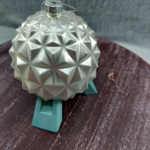Epcot Spaceship Earth Ornament With Silver String & Aqua Stand - Picture 3 of 7